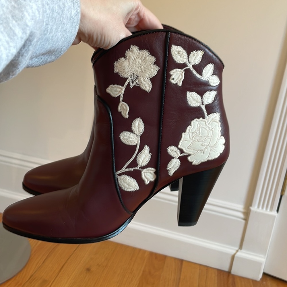 Kate Spade Burgundy Leather Ankle Boots with White Floral Embroidery - Picture 13 of 16